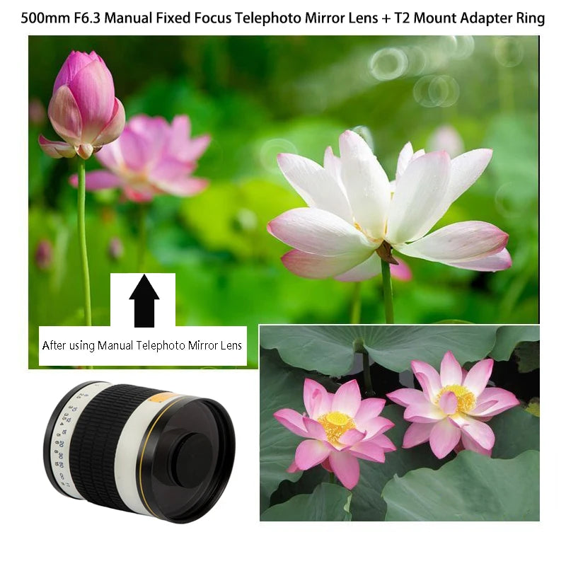 Lightdow Fixed Focus 500mm F6.3 Telephoto Manual Mirror Lens With T2 Mount Adapter Ring for Nikon Canon Pentax Sony DSLR Cameras