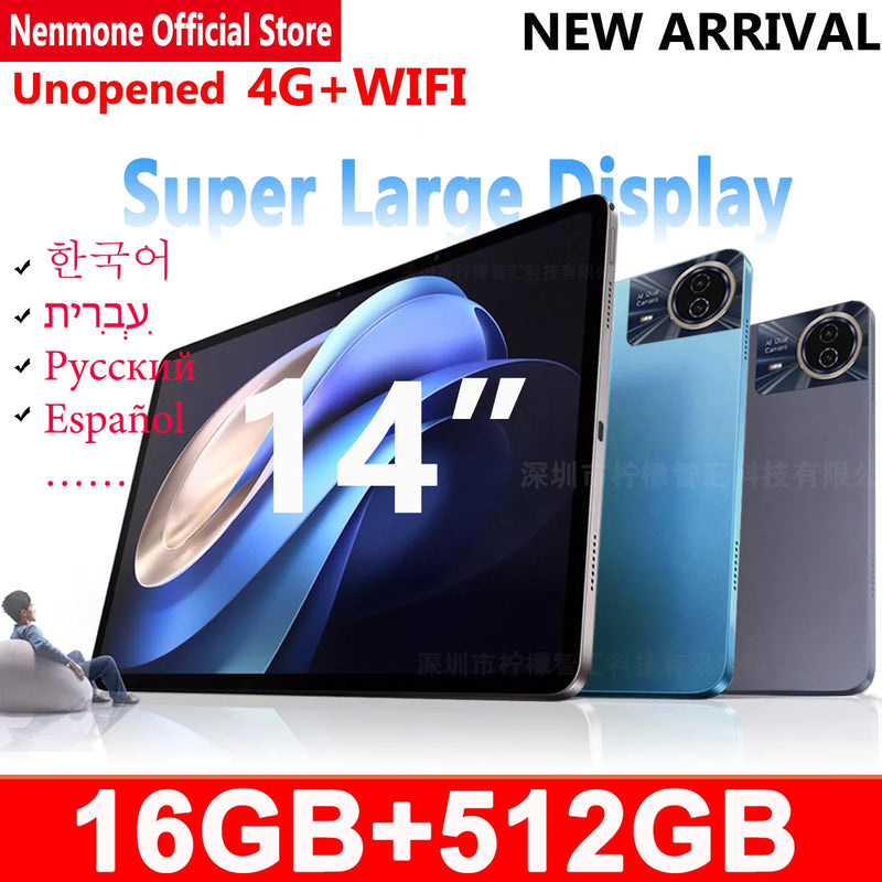 Nenmone Mpad15 Super Large Screen Real 14 inch Tablet Android 14 Dual 4G Phone Call 16GB+512GB Tablets 14" 5G WiFi FM 12000mAh