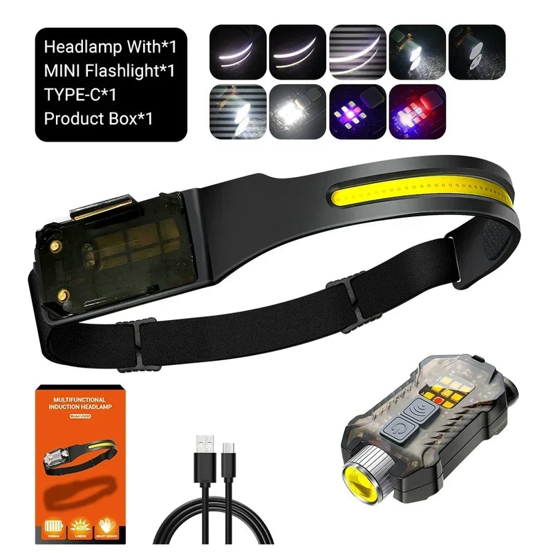 LED Induction Headlamp USB Rechargable Headlight Flashlight 1200mah Built-in Battery Head Torch Outdoor Camping Fishing Lantern