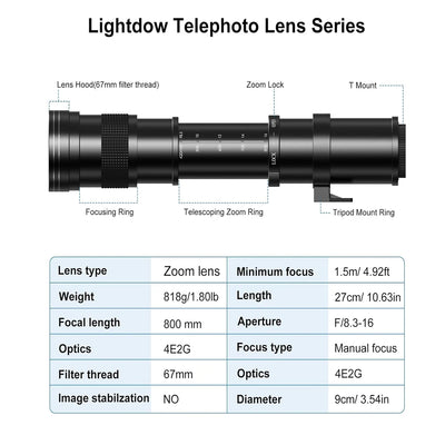Lightdow Telephoto Lens 420-800mm f 8.3 Manual Zoom Lenses for Canon EOS R1 Nikon D850 D7500 D3400 D750 D810 DSLR Camera Lens