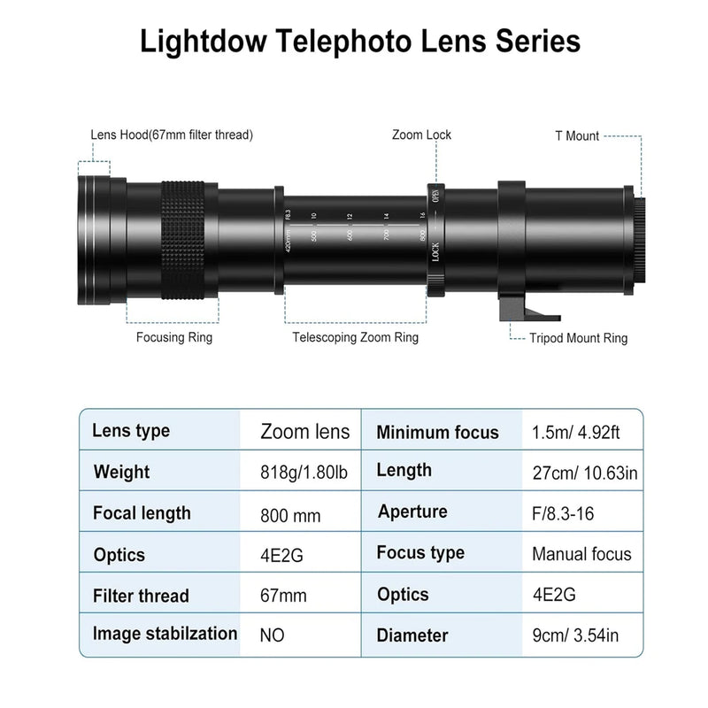 Lightdow Telephoto Lens 420-800mm f 8.3 Manual Zoom Lenses for Canon EOS R1 Nikon D850 D7500 D3400 D750 D810 DSLR Camera Lens