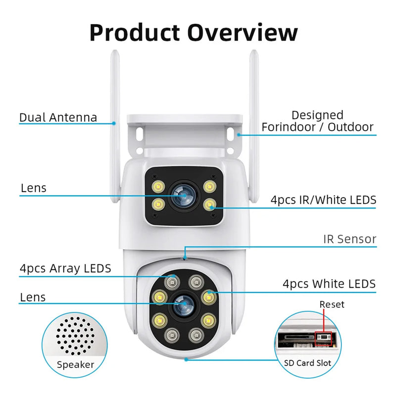 8MP 4K PTZ Wifi Camera Outdoor Night Vision Dual Screen Dual Lens Human Detection Security CCTV Surveillance IP Camera HD ICSEE