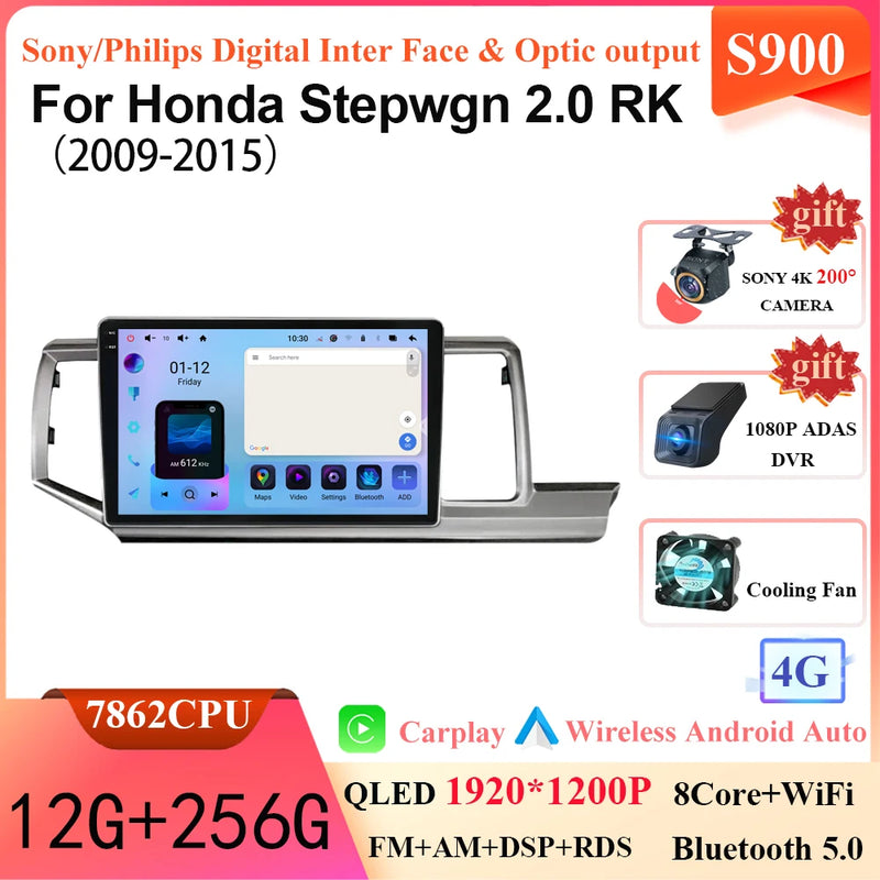 Android 14 12 + 256G Car Radio Head Unit for Honda Stepwgn 2.0 RK 2009-2013-2015 Multimedia Video GPS Player BT Carplay No 2din