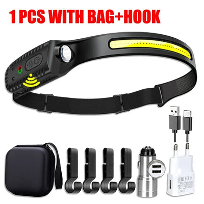 LED Induction Headlamp USB Rechargable Headlight Flashlight 1200mah Built-in Battery Head Torch Outdoor Camping Fishing Lantern