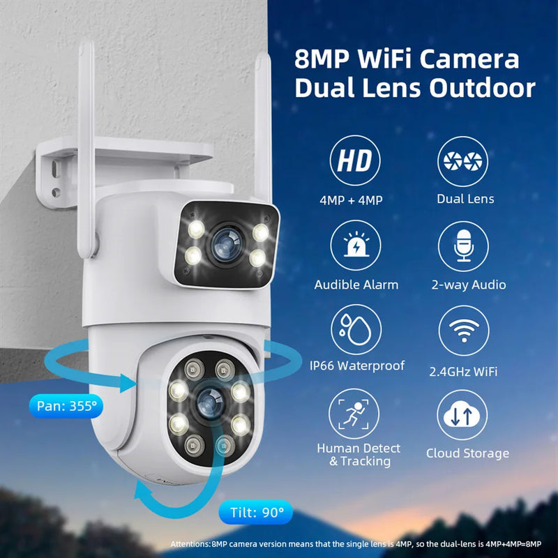 8MP 4K PTZ Wifi Camera Outdoor Night Vision Dual Screen Dual Lens Human Detection Security CCTV Surveillance IP Camera HD ICSEE