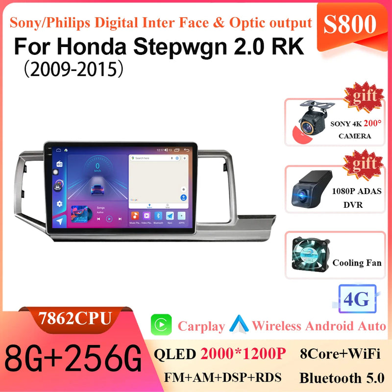 Android 14 12 + 256G Car Radio Head Unit for Honda Stepwgn 2.0 RK 2009-2013-2015 Multimedia Video GPS Player BT Carplay No 2din