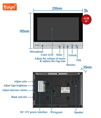9 inch Tuya WIFI Video Door Phone Intercom System With RFIC Card Unlocking Access Control Function Wide Angle HD Camera
