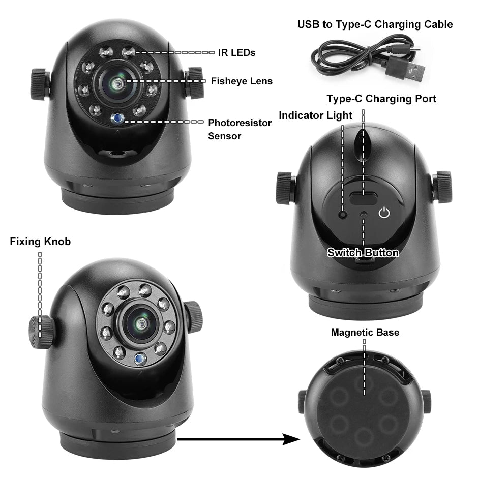 Wireless WiFi 5G magnetic hook-up camera with rechargeable battery for iPhone and Android phones, easy to hang from trailers