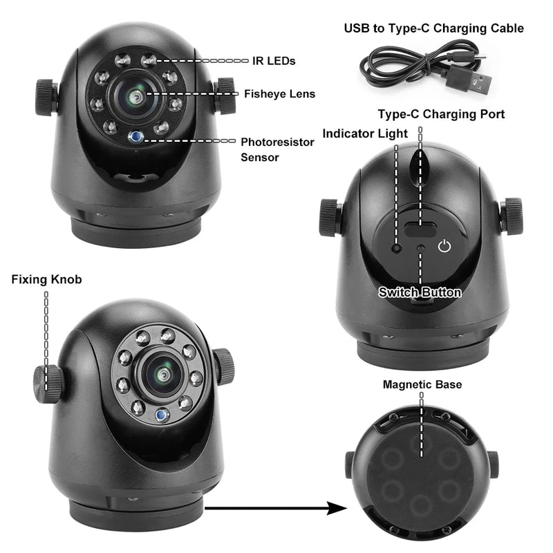 Wireless WiFi 5G magnetic hook-up camera with rechargeable battery for iPhone and Android phones, easy to hang from trailers